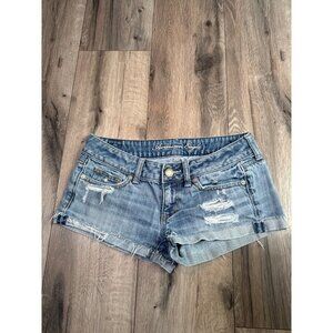 American Eagle Womens Distressed Denim Low Rise Shorts Size 2 Shortie Y2K Casual